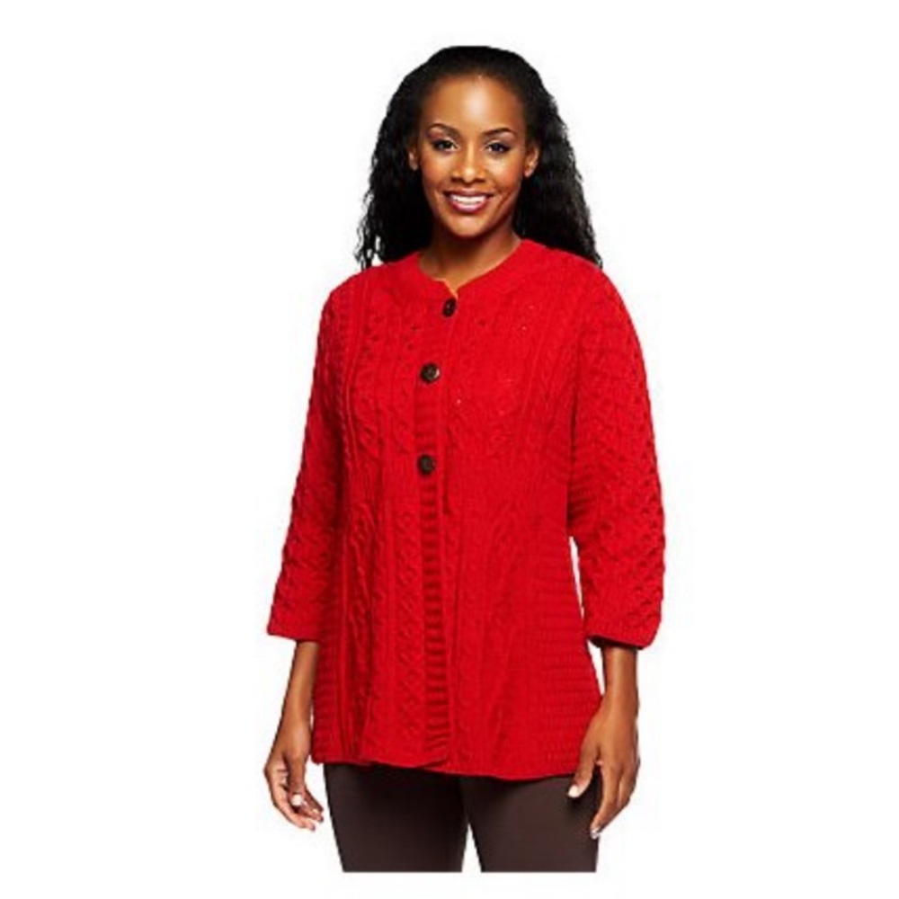 Kilronan Knitwear Red Merino
Wool Cable Sweater Made in
Ireland Size M.